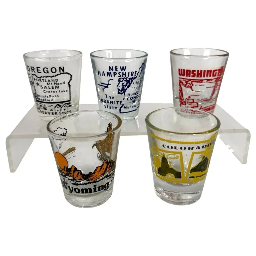 5 VTG Shot Glasses State Theme New Hampshire Washington Colorado Oregon Wyoming